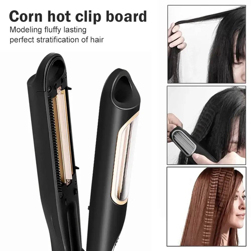 Black hair straightener with a corn-shaped heating element.