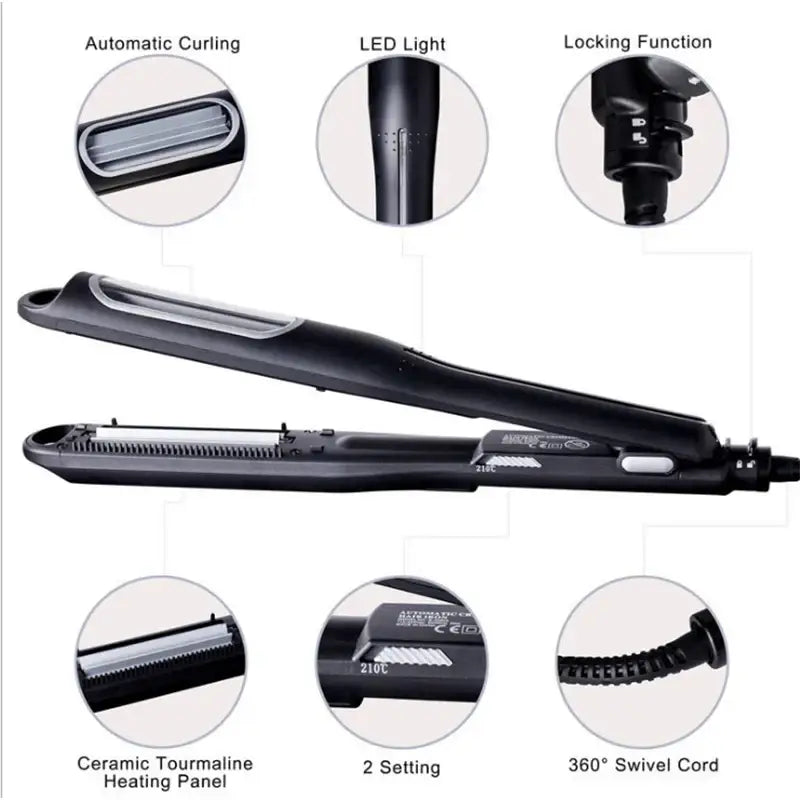 Hair straightener with multiple features highlighted in circular insets.