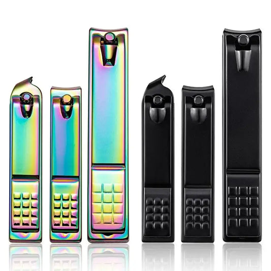 Set of six electric lighters in iridescent rainbow and black finishes with different shapes and button configurations.