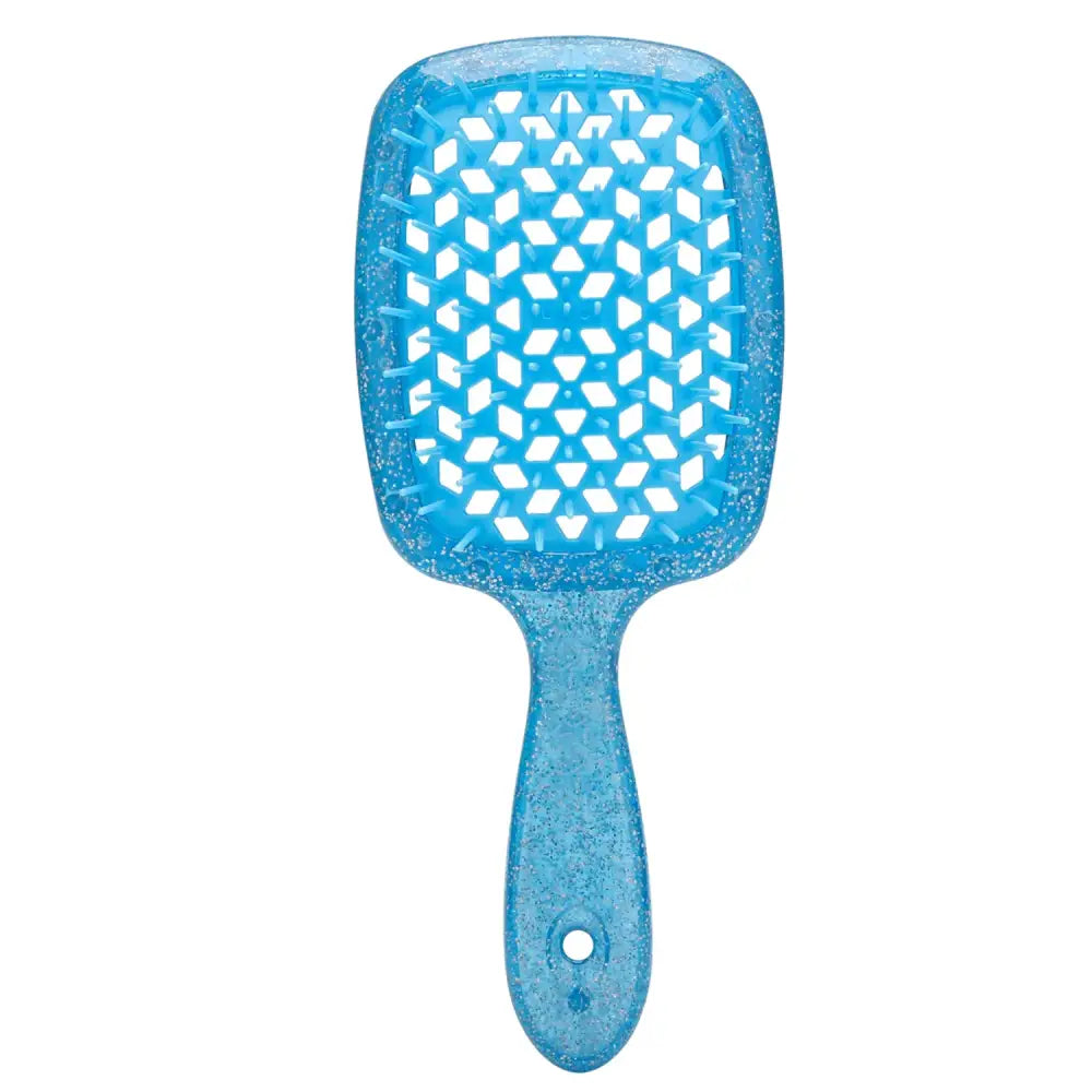 Blue plastic hairbrush with a wide paddle and ventilated design.