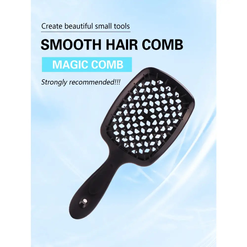 Black paddle hairbrush with a pattern of circular holes on its surface.