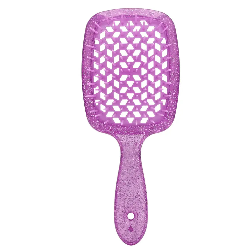 Purple glittery hairbrush with an open-weave paddle design.