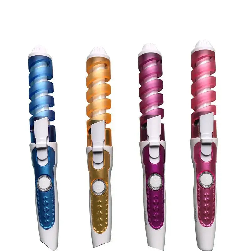 Colorful curling irons with spiral-shaped barrels in blue, gold, purple, and pink.