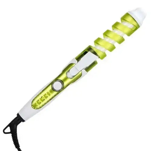 Curling iron with a green and white spiral-patterned barrel.