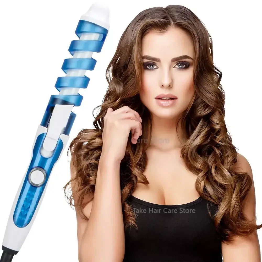 Blue and white curling iron or hair styling tool with a spiral design.