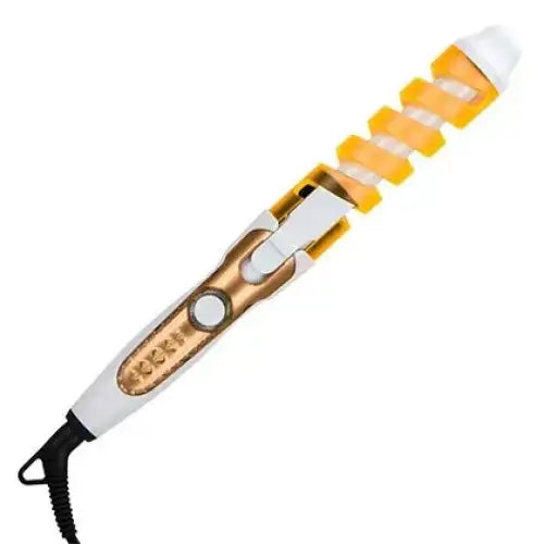 Curling iron with a spiral orange and white barrel design.