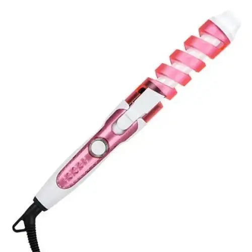 Pink and white electric hair curling iron with a spiral-shaped barrel.