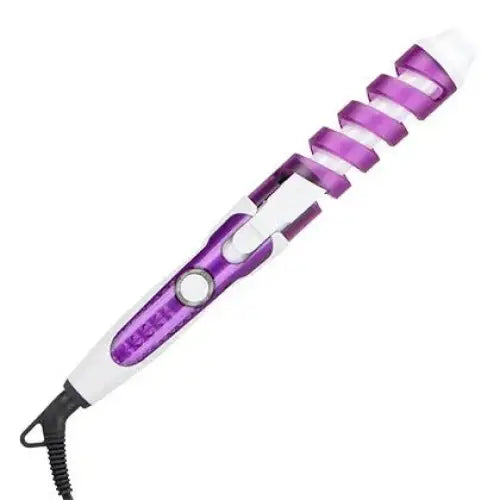 Purple and white electric hair curling iron with a spiral barrel design.