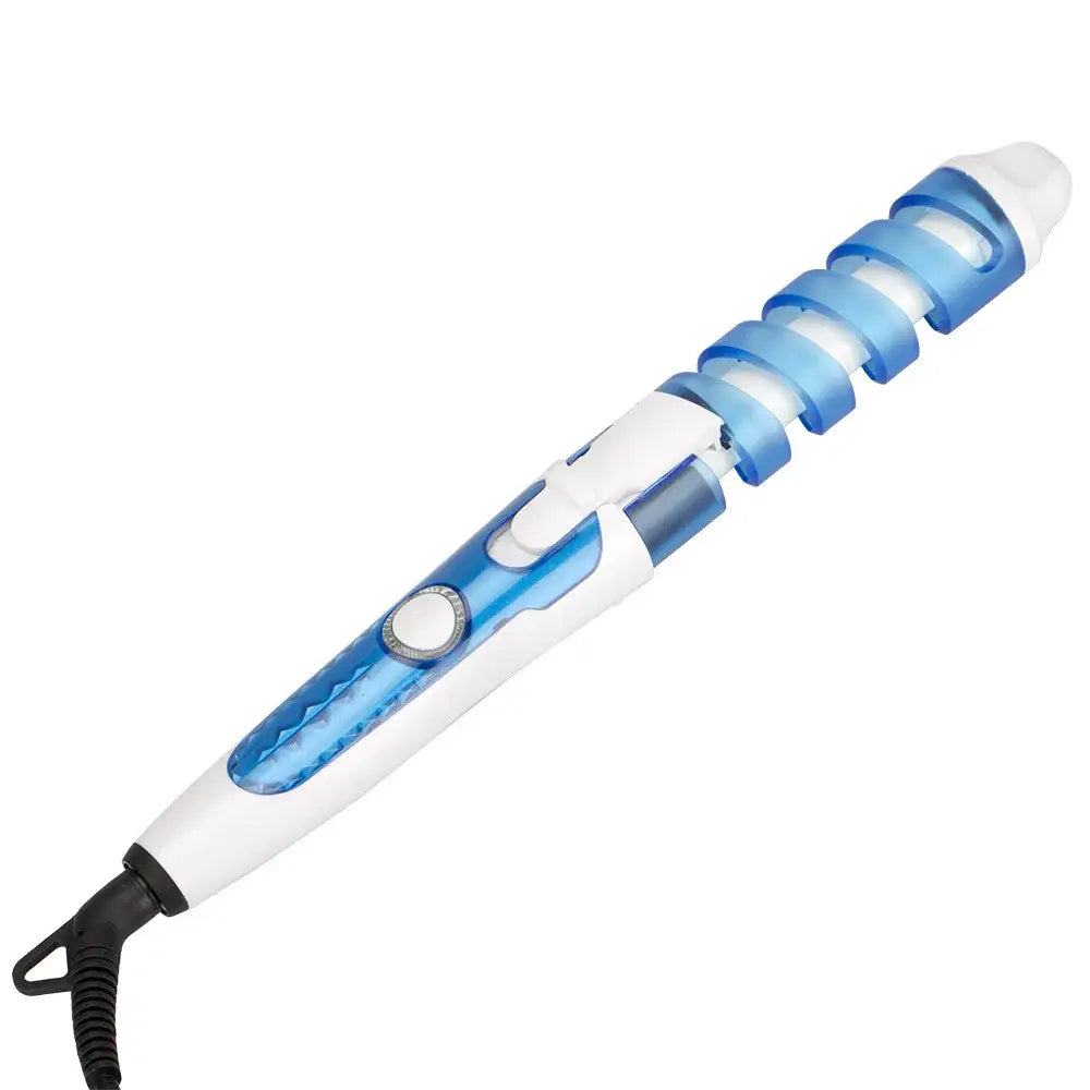 Spiral-shaped hair curling iron with blue and white design.