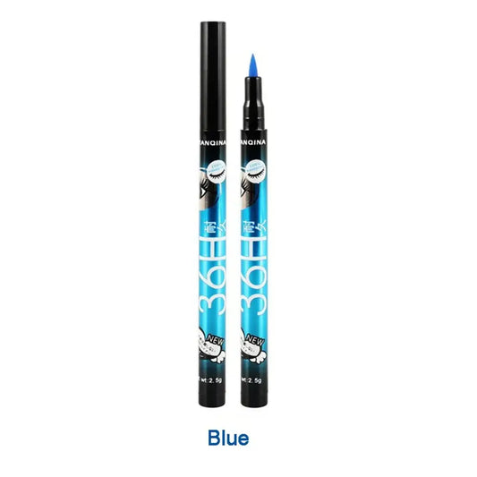 Blue liquid eyeliner pen with a black cap and ’EYES’ printed on the barrel.