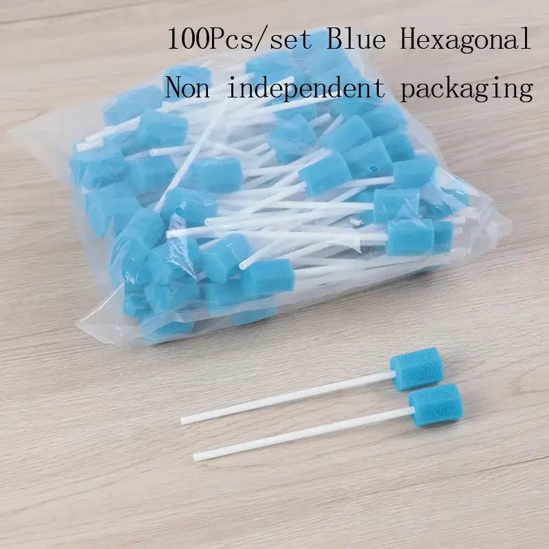 Blue hexagonal foam swabs packaged in a clear plastic bag.