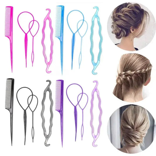 Set of hair styling tools and accessories with example hairstyles.