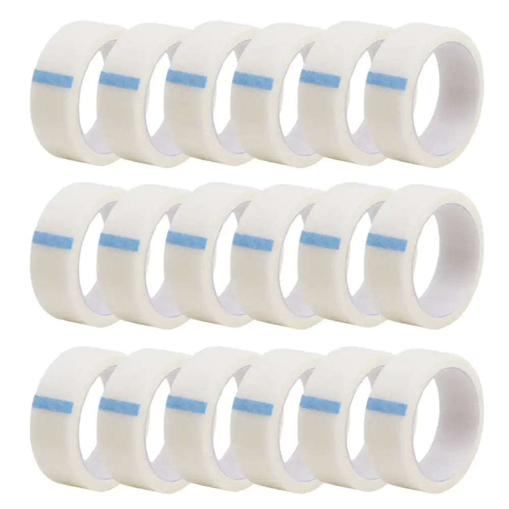 Rolls of transparent adhesive tape with blue cores arranged in three rows.