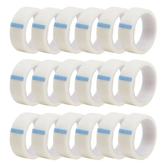 Rolls of transparent adhesive tape with blue cores arranged in three rows.