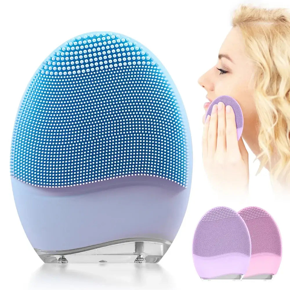 Electric facial cleansing brush with silicone bristles and a rounded ergonomic shape.