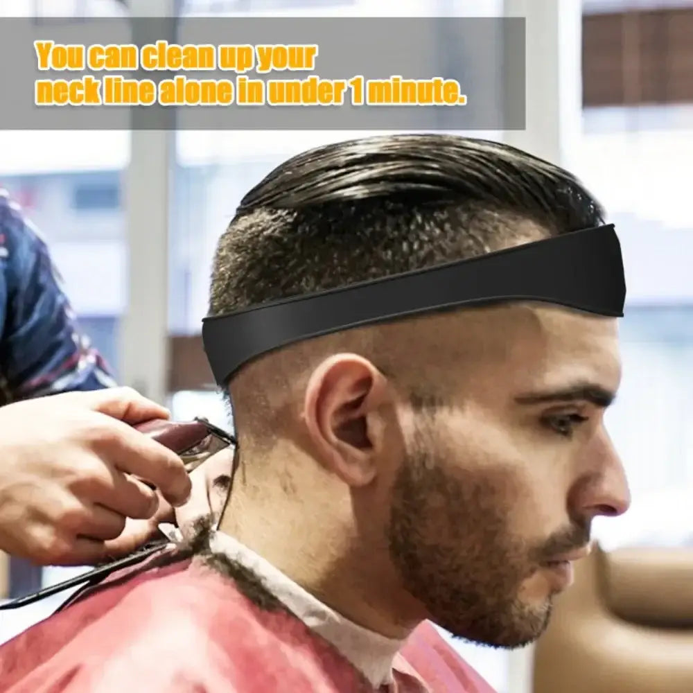 Man getting a haircut at a barbershop with a black headband on.