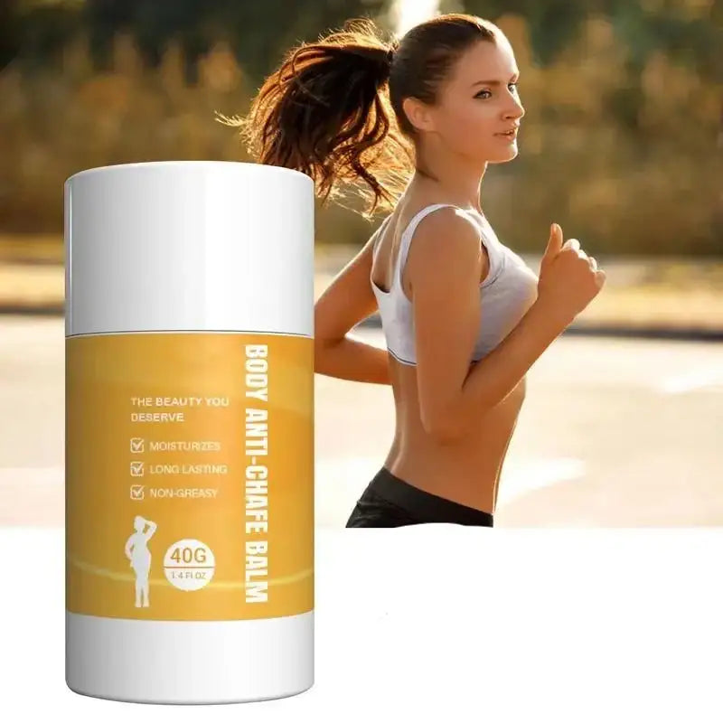 Body anti-chafe balm product container with yellow and white packaging.