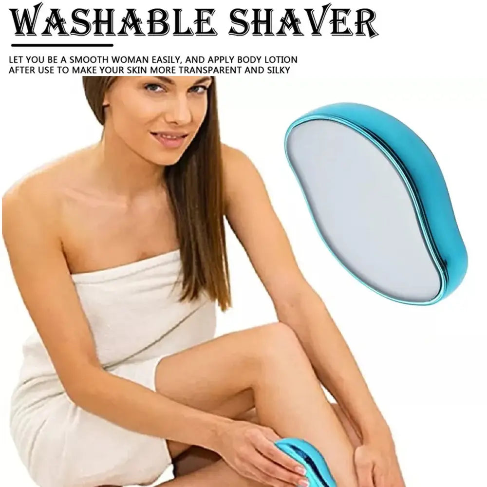 Handheld blue and white oval-shaped washable shaver for body hair removal.