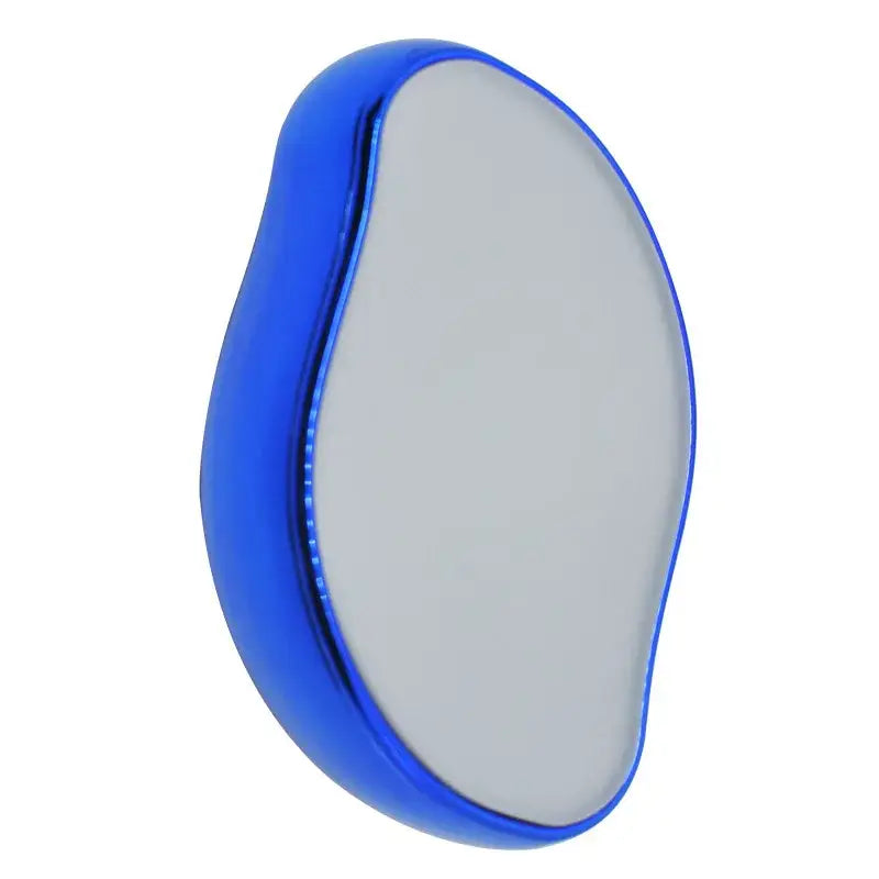 Oval-shaped blue and white object resembling a compact mirror or cosmetic case.