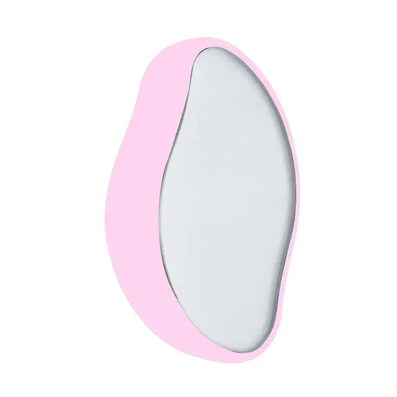 Oval-shaped mirror with a pink frame.