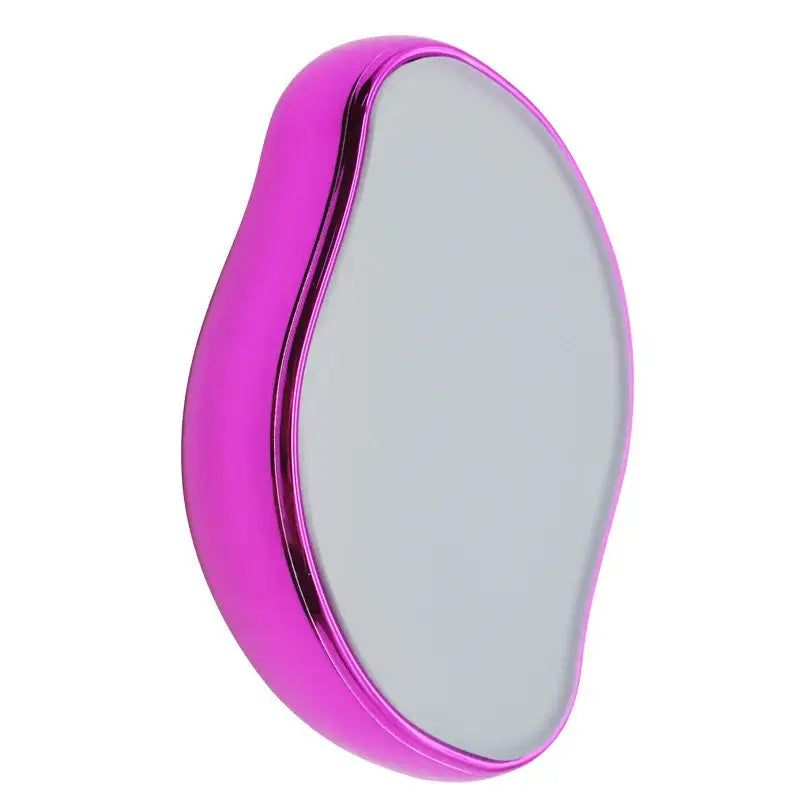 Oval-shaped pink handheld mirror with a reflective surface.