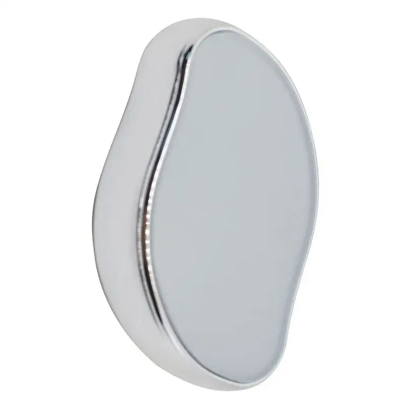 Oval-shaped, silver-colored mirror or reflective surface with a curved edge.