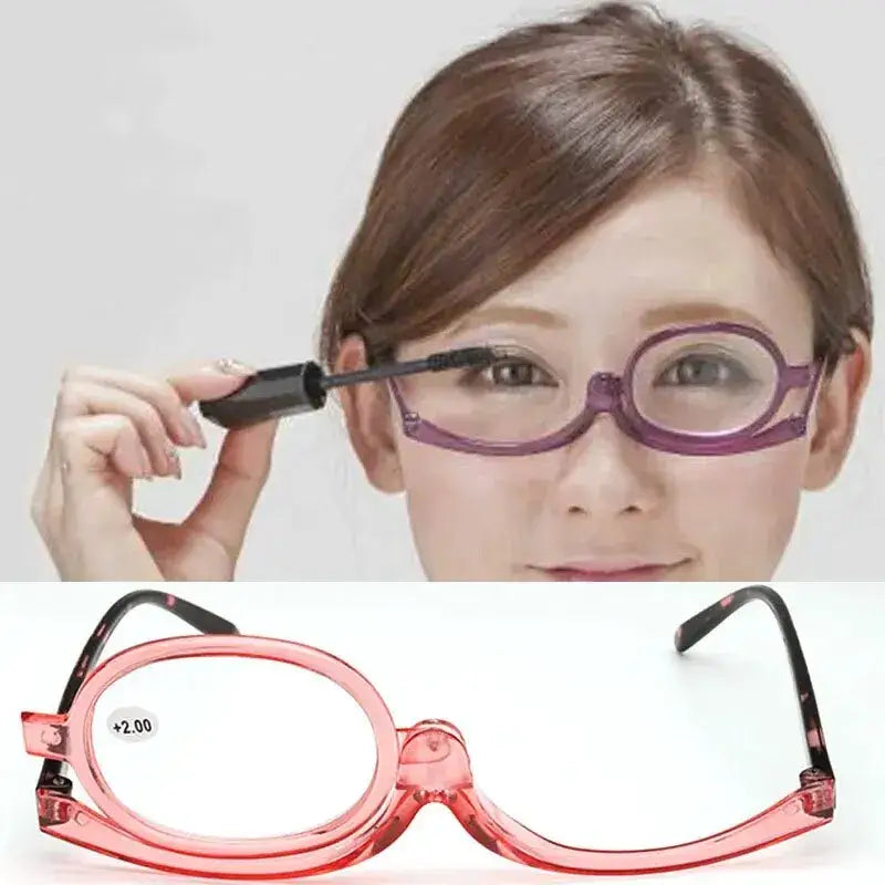 Makeup glasses with a flip-up lens for applying eye makeup.