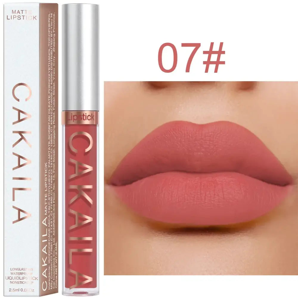 Lip gloss or liquid lipstick product with a swatch showing the color on lips.