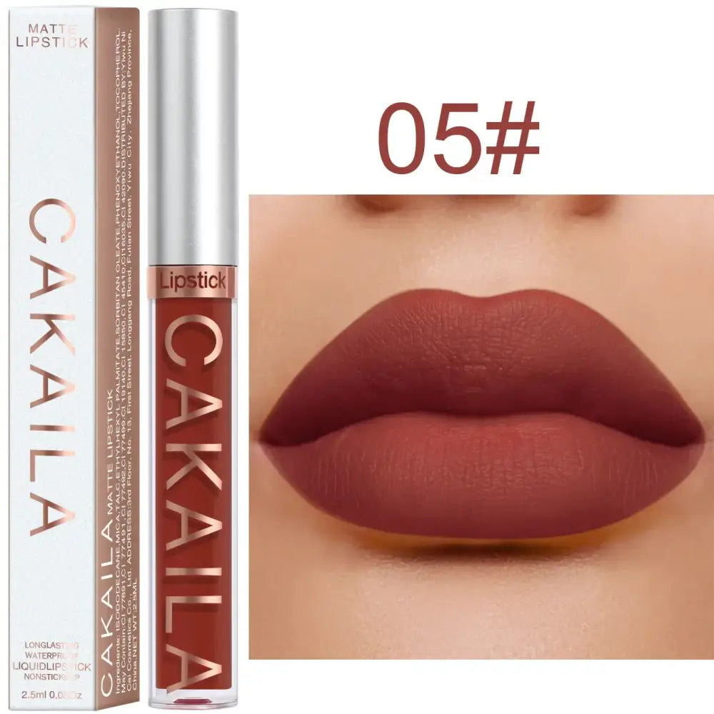 Matte liquid lipstick in a deep reddish-brown shade.