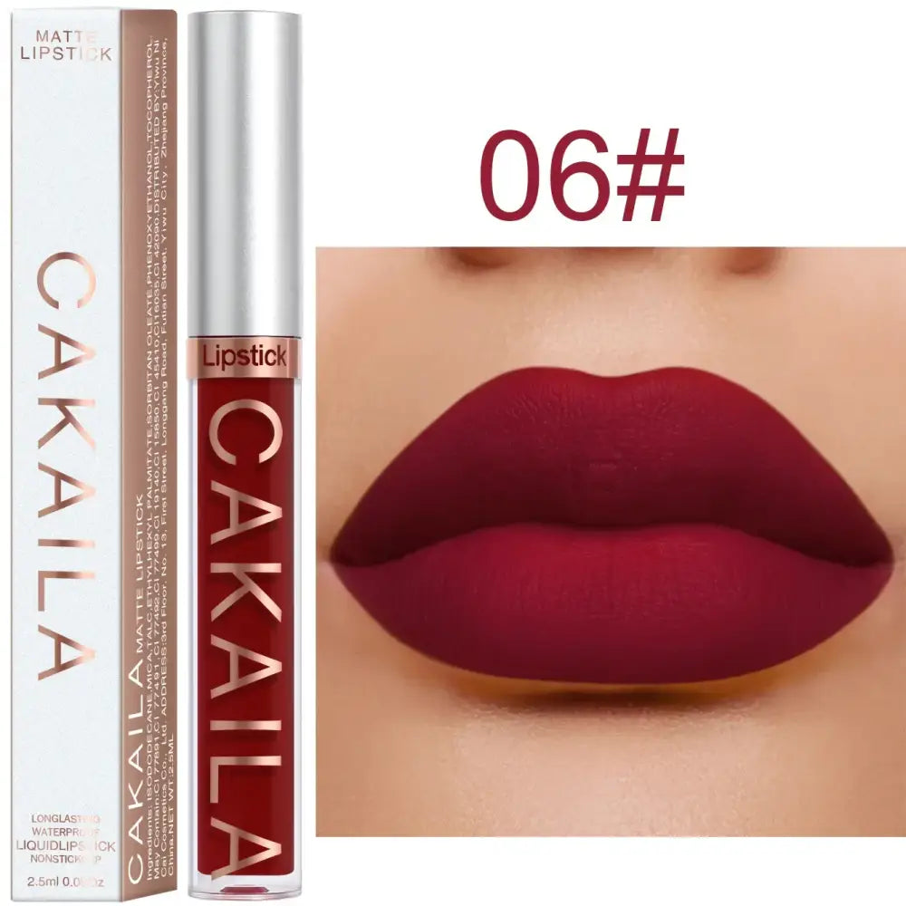 Matte liquid lipstick in a deep burgundy shade labeled ’06#’.