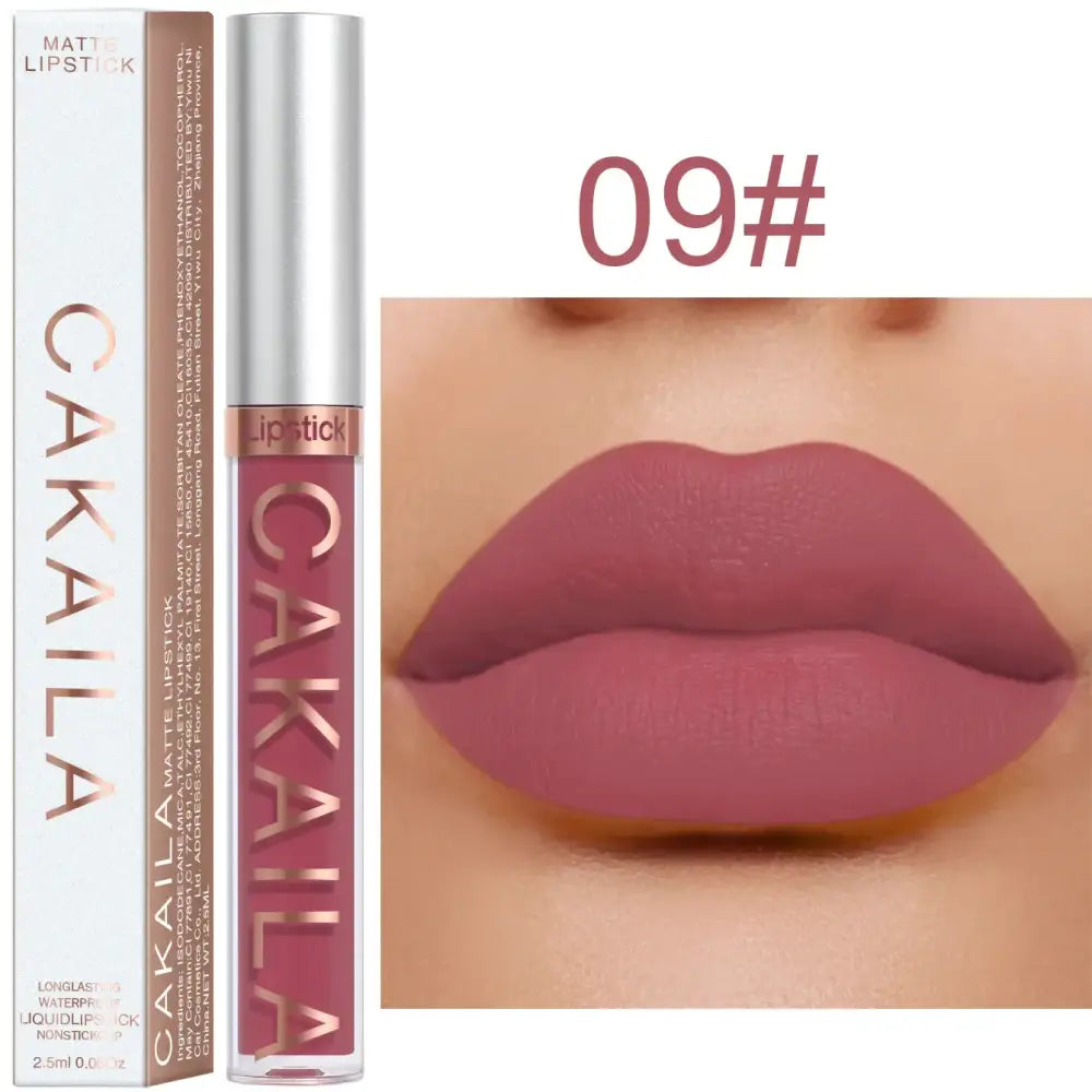 Matte liquid lipstick in a mauve shade with packaging and swatch.