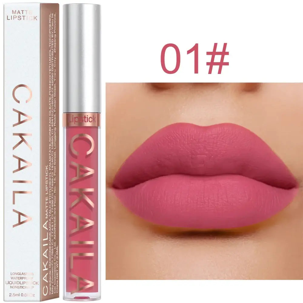 Matte liquid lipstick in a pink shade with its packaging and a lip swatch.