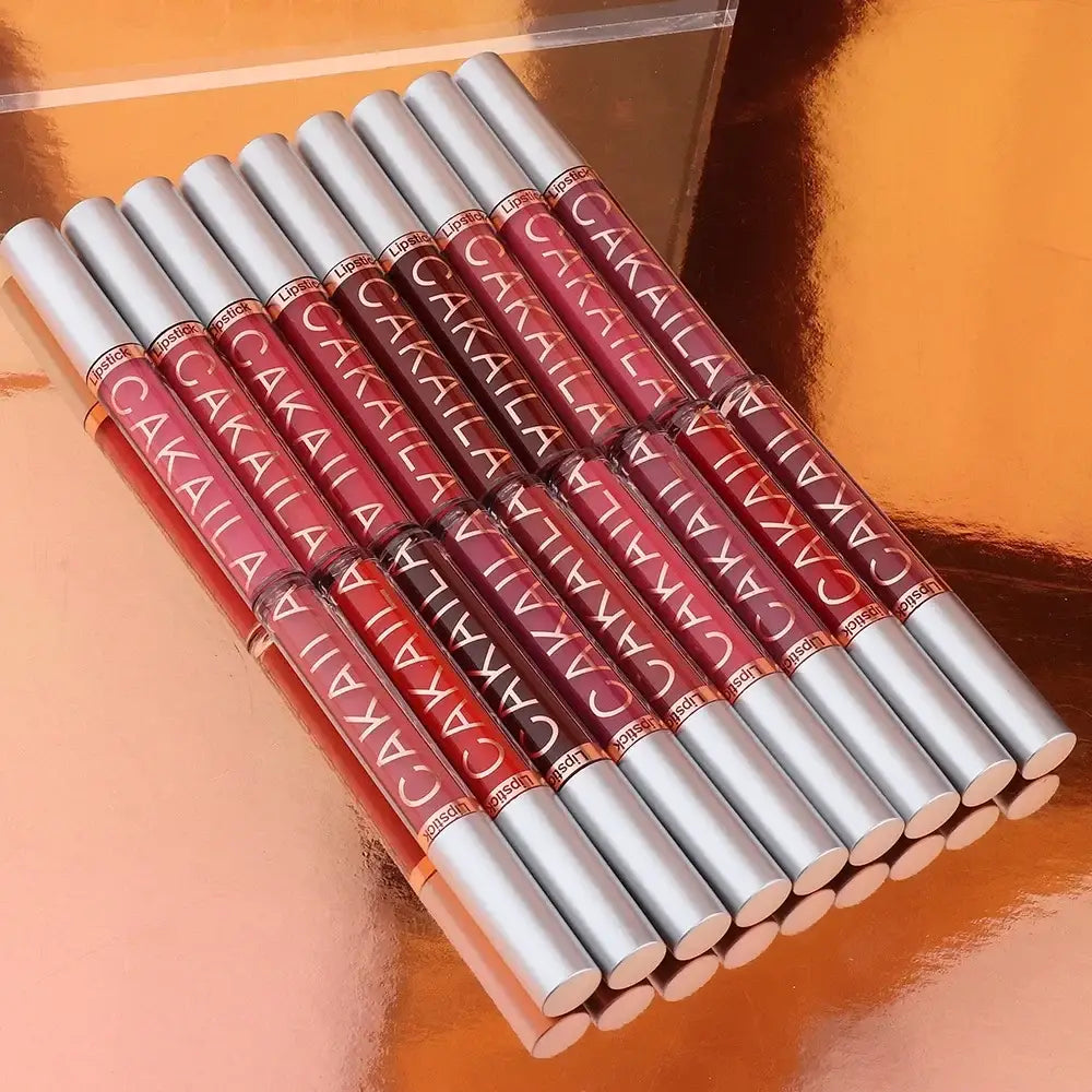 Set of red and silver lip liner pencils arranged in a row.