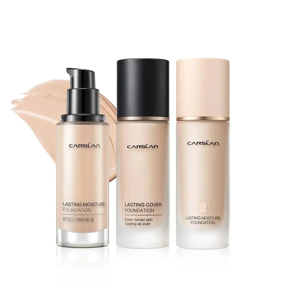 Three bottles of Carslan foundation makeup in different shades and packaging styles.