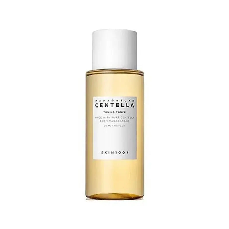 Bottle of Centella skincare toner with a pale yellow liquid inside.