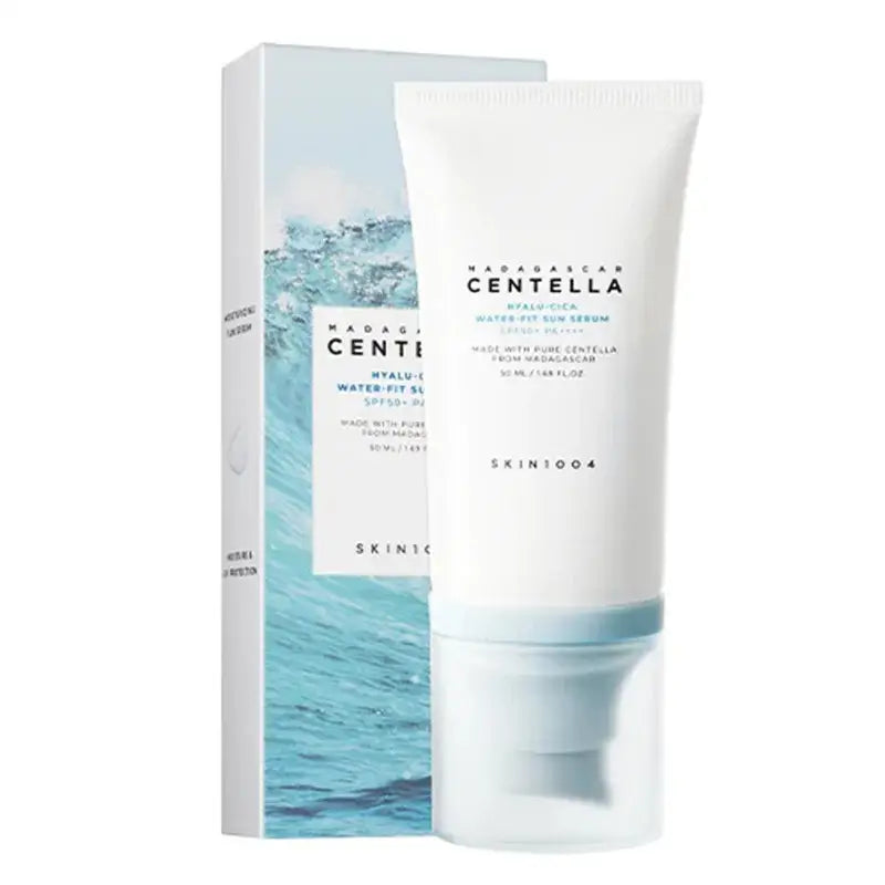 Skincare product tube with ’Centella’ branding alongside its packaging box featuring an ocean wave image.