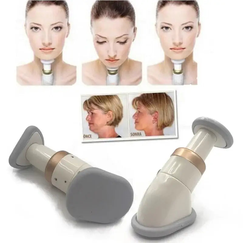 Chin and neck exerciser device with before-and-after photos demonstrating its use.