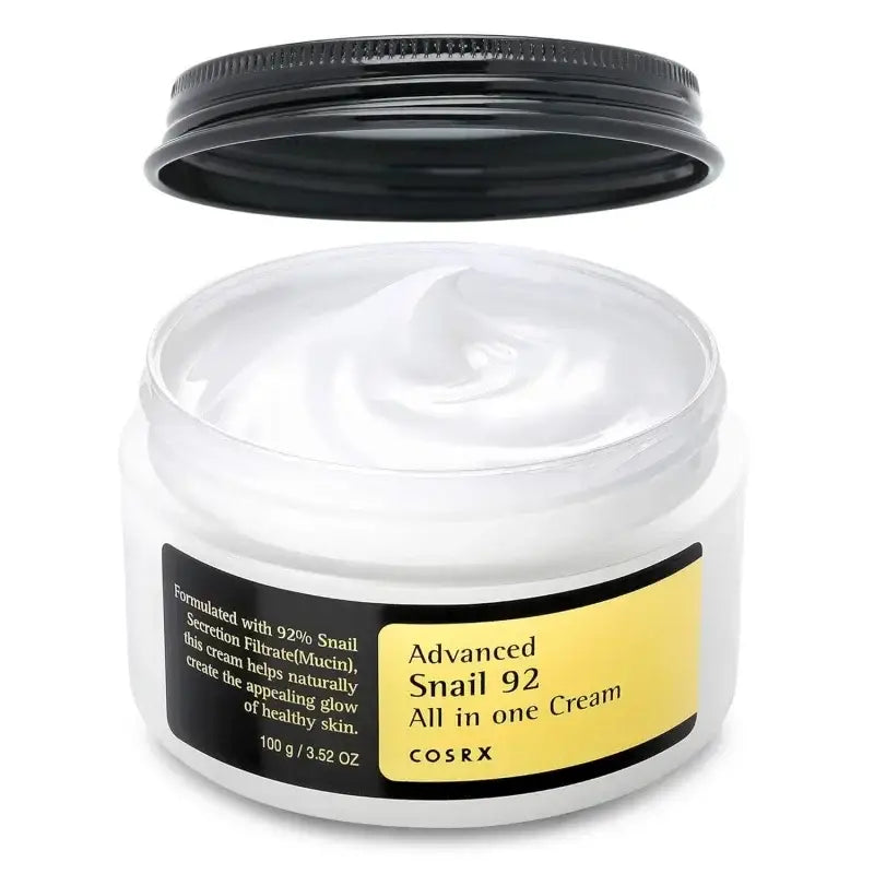 Jar of COSRX Advanced Snail 92 All in One Cream with an open black lid.