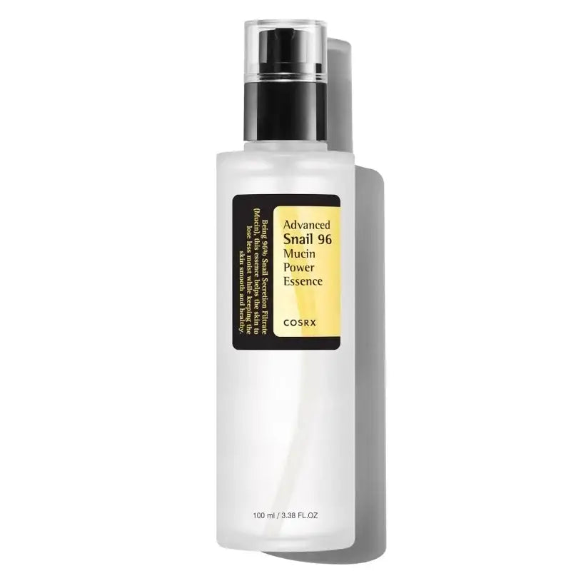 White bottle of COSRX Advanced Snail 96 Mucin Power Essence skincare product with a black pump dispenser.