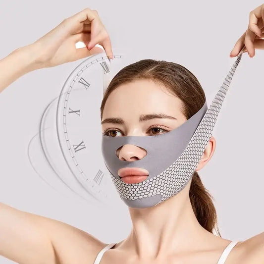 Facial mask or device with a clock-like design partially covering a person’s face.