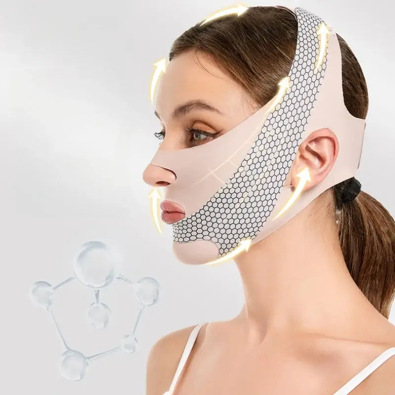 Facial compression mask with mesh panels worn by a person.