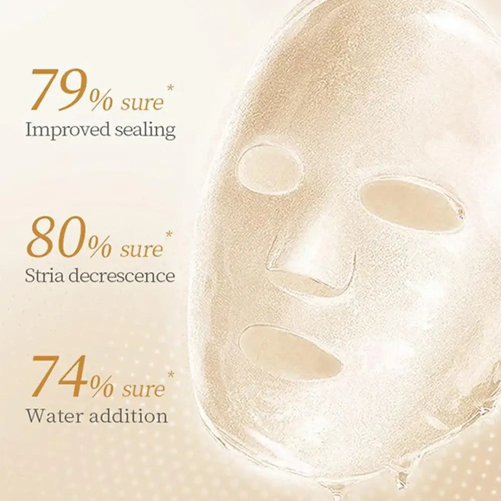 Facial sheet mask with statistics about its benefits.