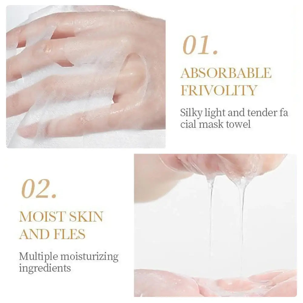 Facial mask towel with moisturizing properties advertised through close-up hand and product images.