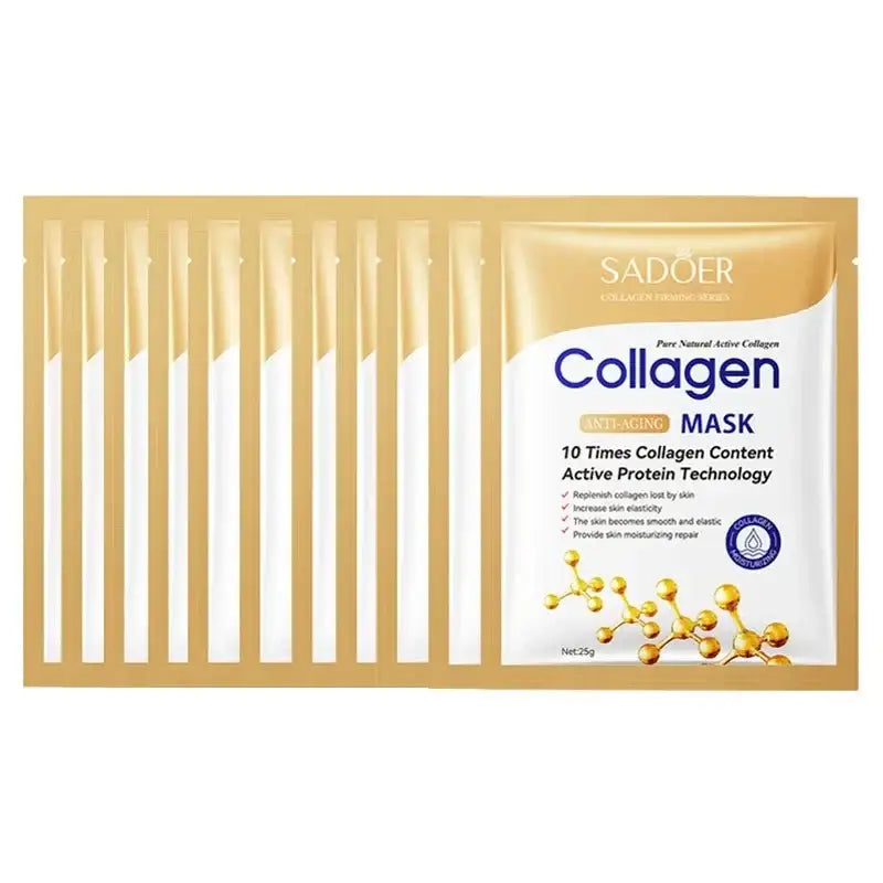 Collagen face mask packet in gold packaging with product information.