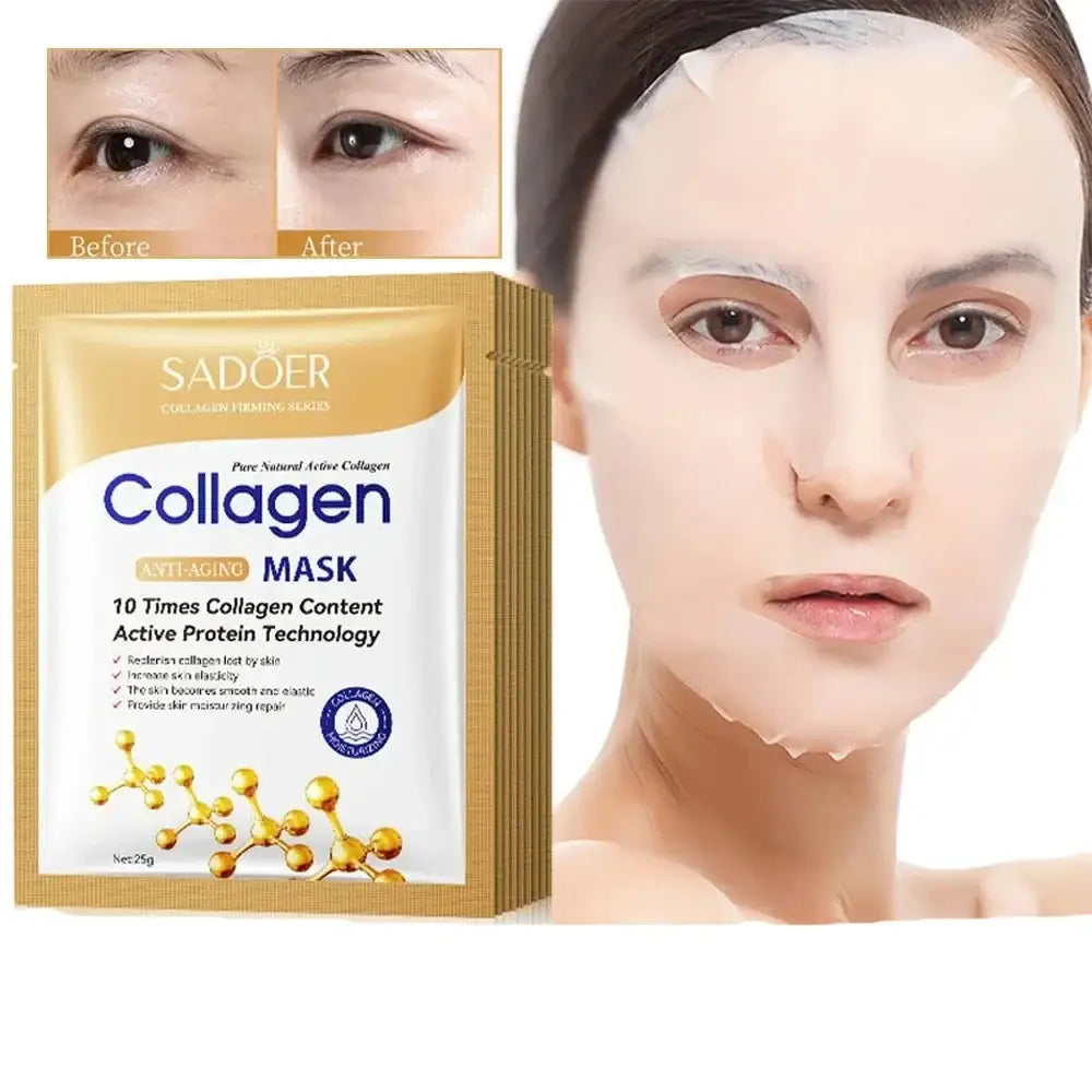 Collagen face mask product packaging with before-and-after eye images and a model demonstrating usage.