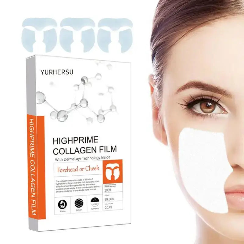 Collagen film facial mask product packaging alongside a partial face image demonstrating its application.