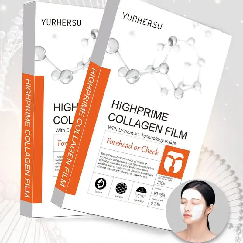 Collagen film face masks packaged in white and orange boxes.