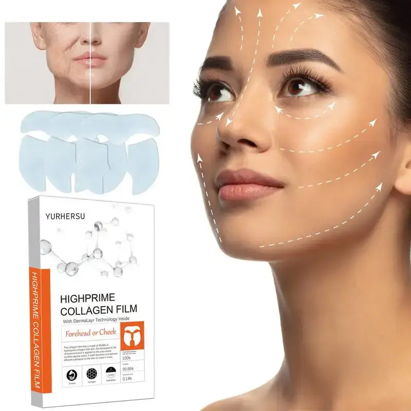 Collagen face mask product with accompanying images showing its application and effects on skin.