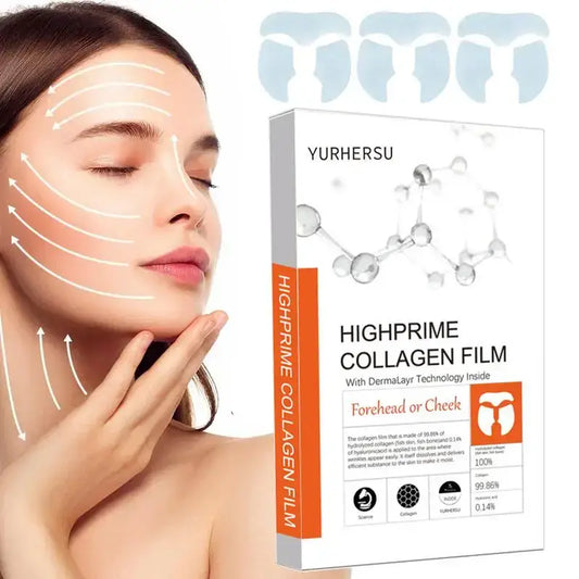 Collagen film product for facial skincare alongside an image of a woman’s face with arrows indicating application areas.