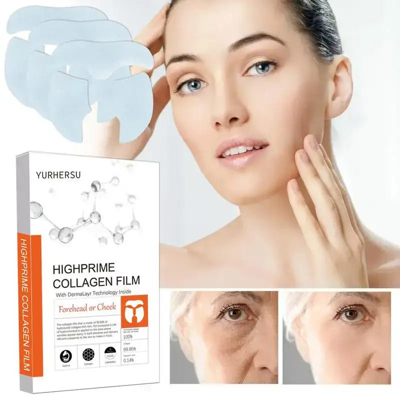 Collagen film skincare product advertised with before-and-after images showing skin improvement.